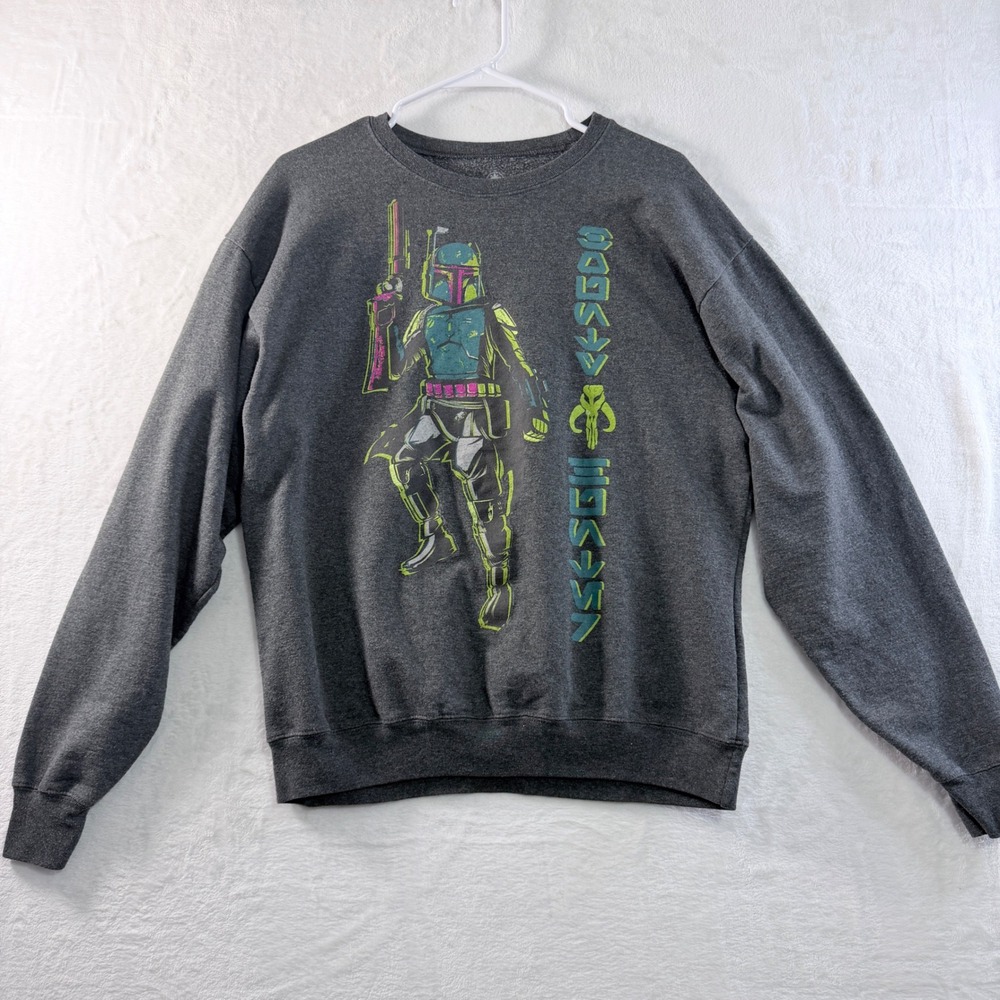 Disney Star Wars‎ Sweatshirt Boba Fett Charcoal Gray Neon Graphic Men's Size M